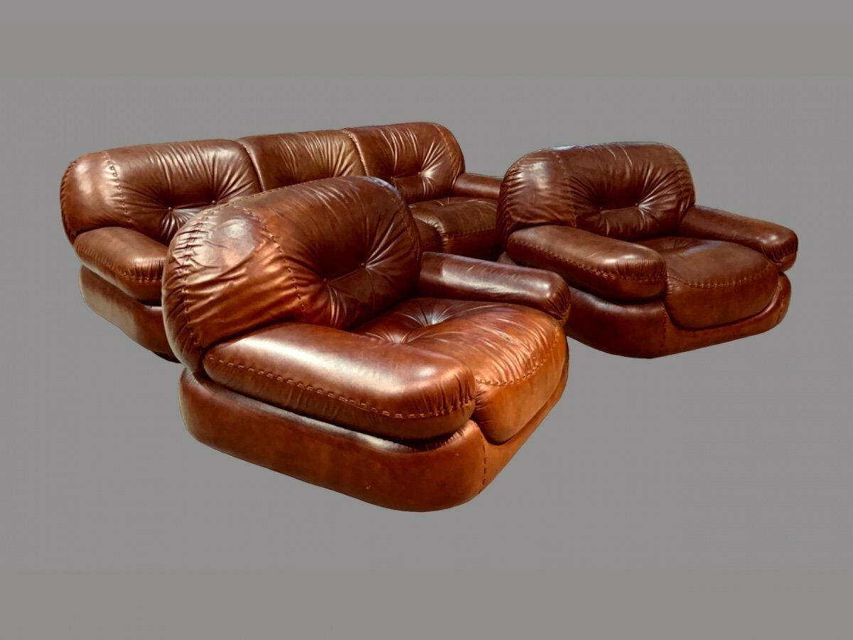 Furniture Leather Living Room, A Sofa And Two Armchairs, Sapporo Model For Mobil Girgi. Italy 1970s photo