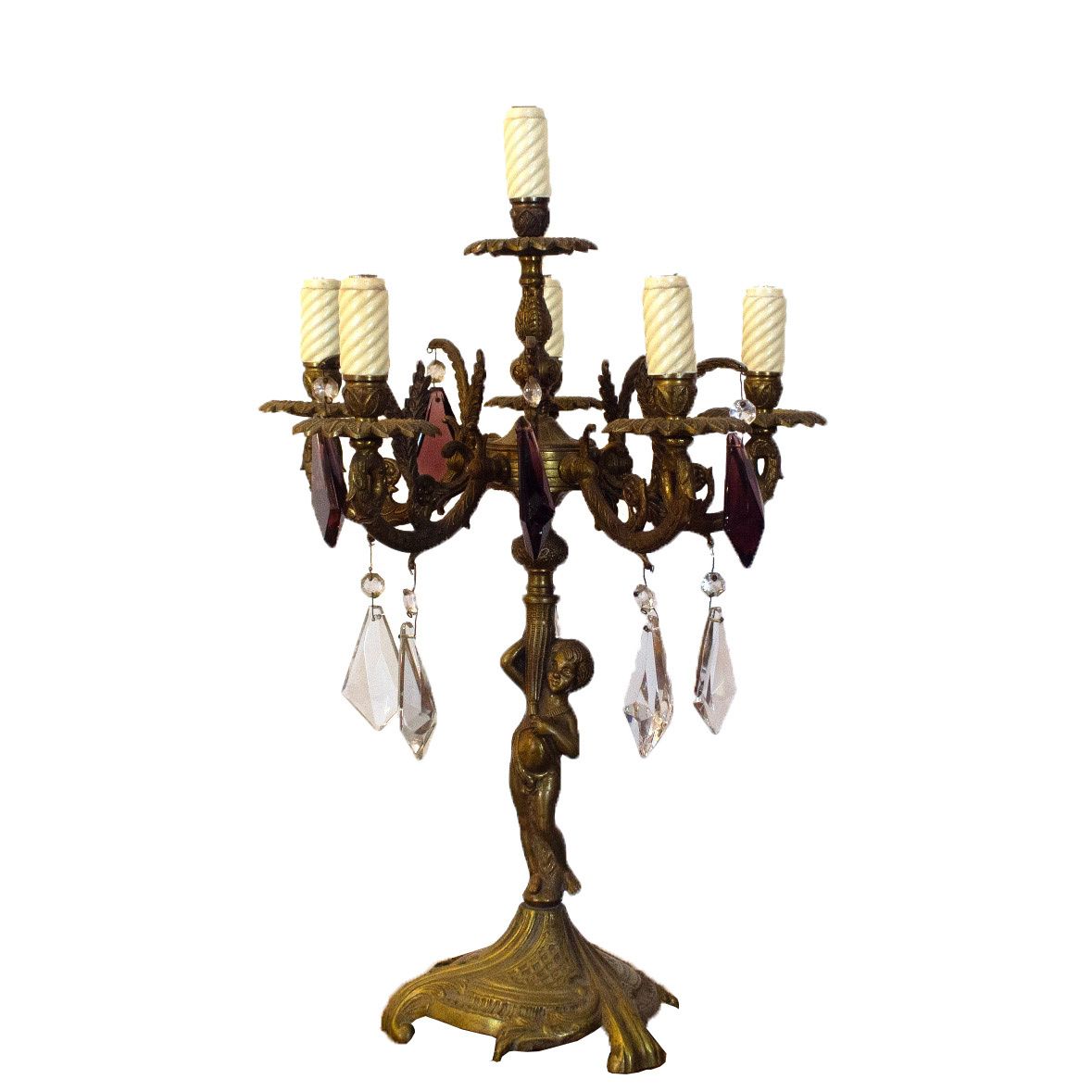 Vintage Bronze Candelabra Lamp With Purple Crystals, 1930s