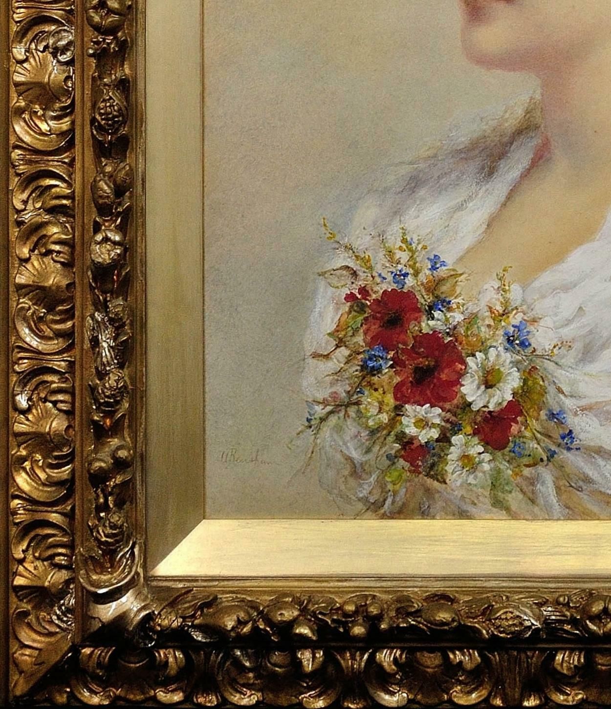 Alice Anne Renshaw 1849 To 1900. English. Young Lady With Summer Meadow Flowers In Her Straw Hat. Ornate Period Framed Watercolour & Gouache Painting. photo vintage