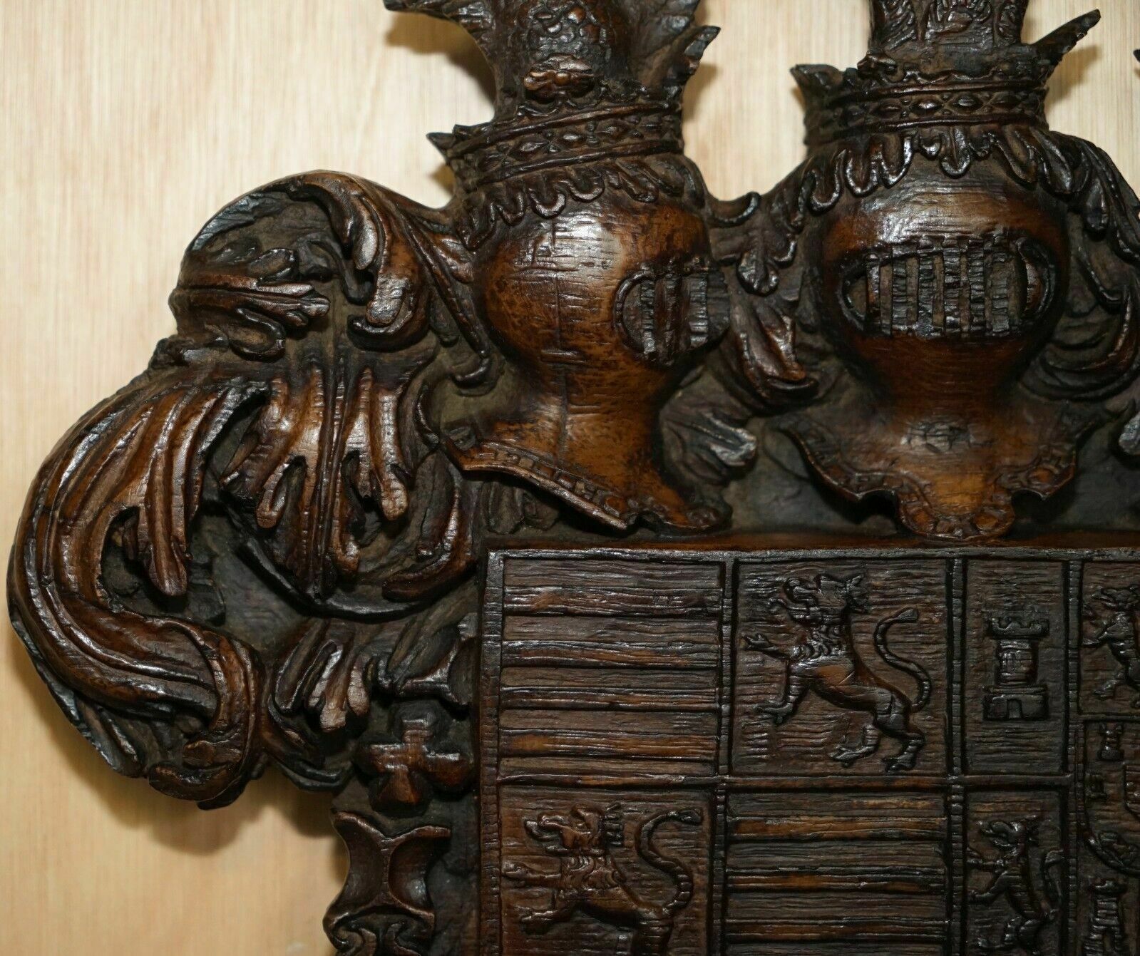 Antique Royal Hand Carved English Oak Armorial Coat Of Arms Crowns Eagles photo for sale