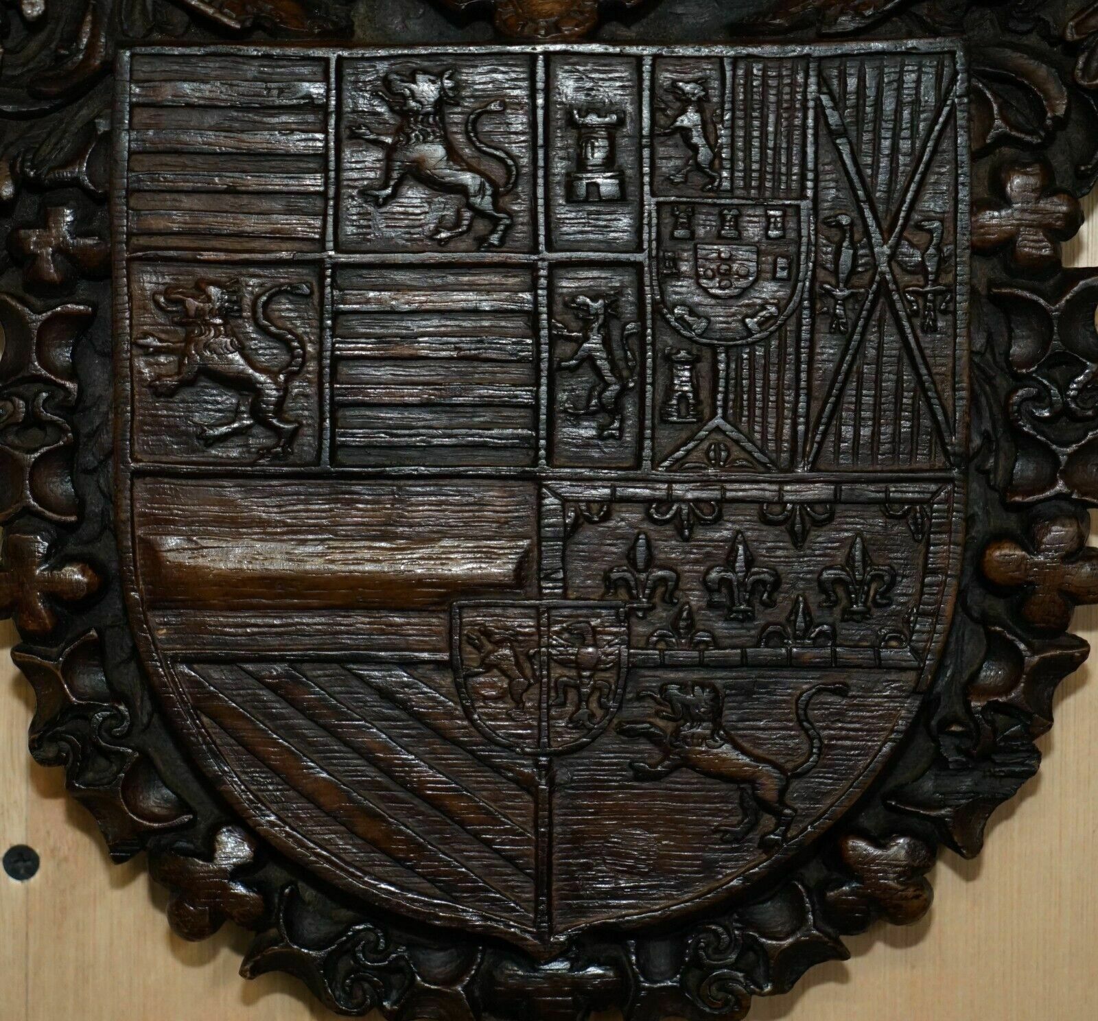 Antique Royal Hand Carved English Oak Armorial Coat Of Arms Crowns Eagles photo vintage
