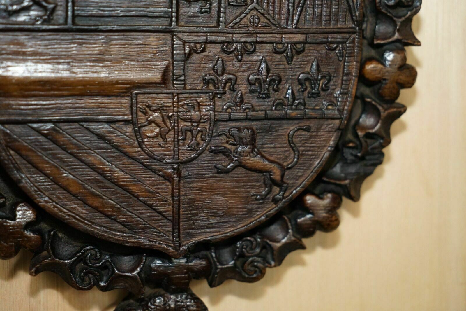 Art Antique Royal Hand Carved English Oak Armorial Coat Of Arms Crowns Eagles photo