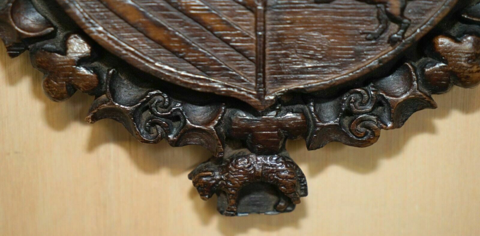 photo buy Antique Royal Hand Carved English Oak Armorial Coat Of Arms Crowns Eagles
