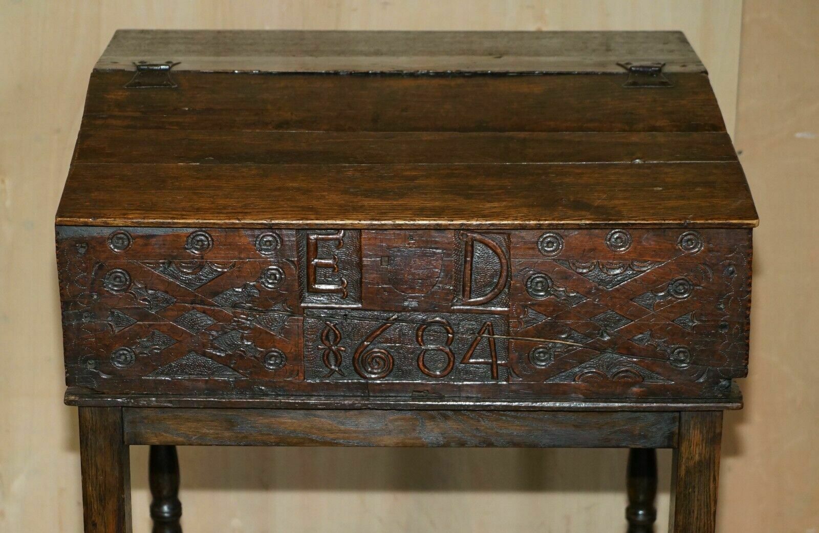 Antique 1684 Dated Hand Carved 17th Century Lift Top Writing Table Desk Bible photo Furniture