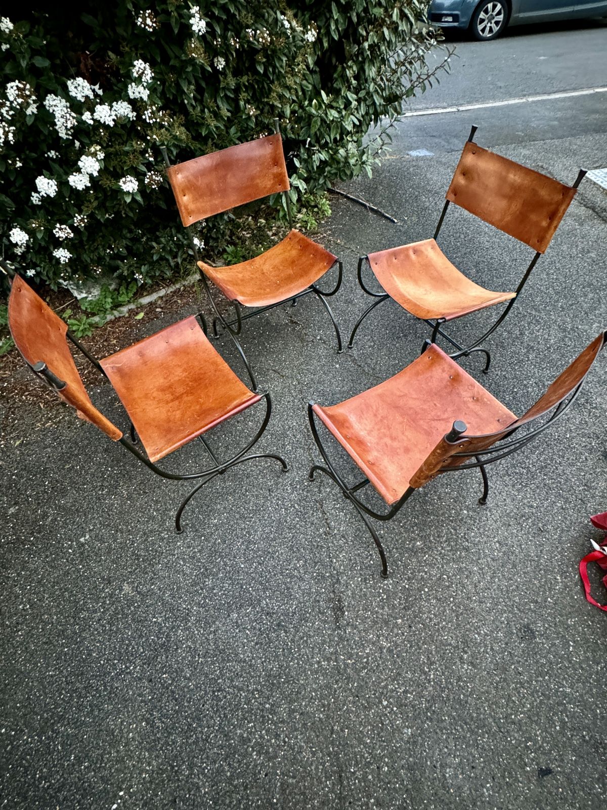 Set Of 4 Vintage English Saddle Leather & Wrought Iron Chairs