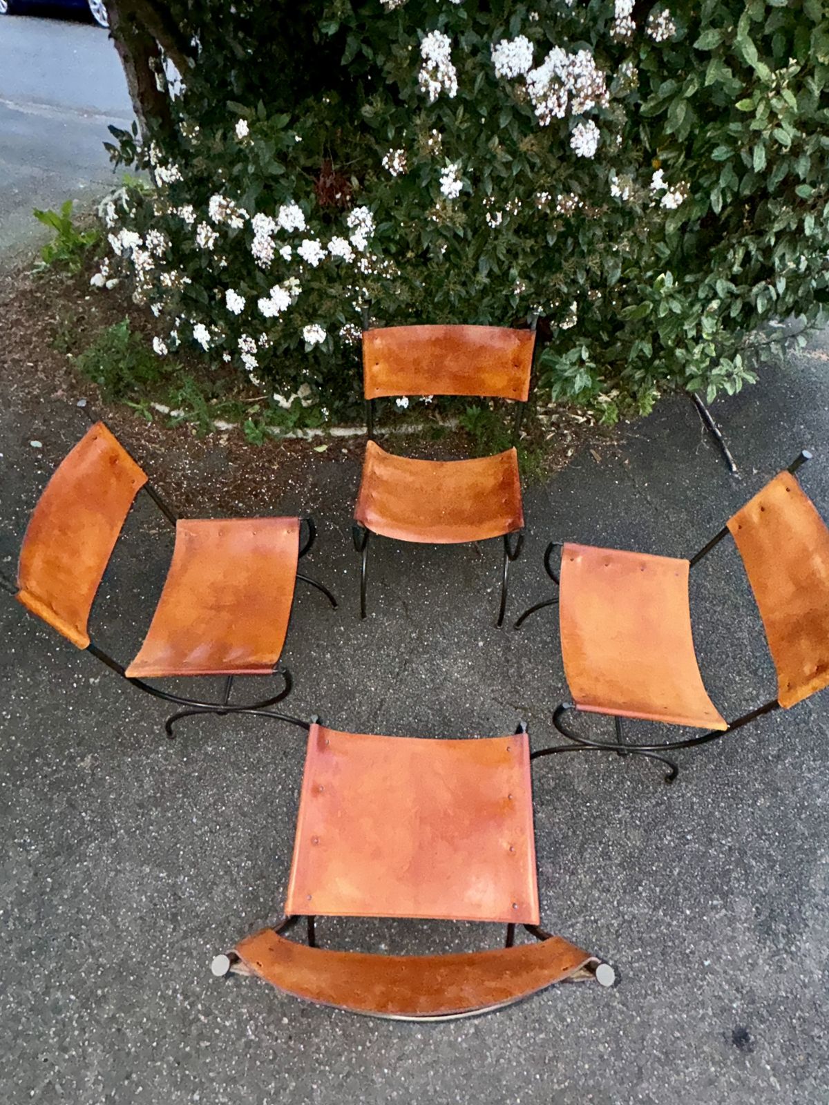 Set Of 4 Vintage English Saddle Leather & Wrought Iron Chairs photo 1100.0