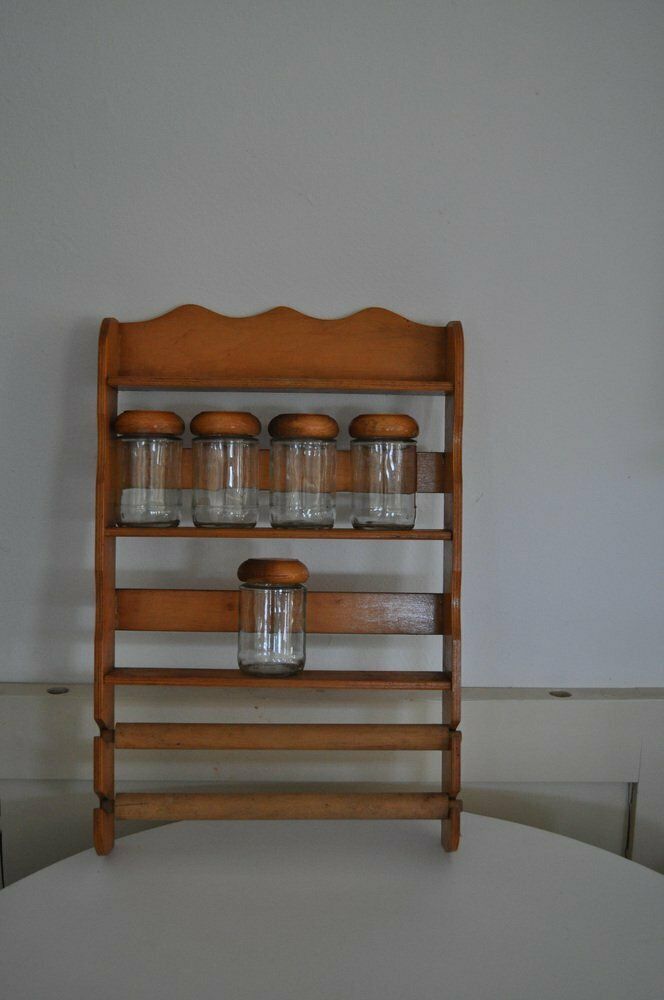 Vintage Wooden Spice Rack With Glass Bottles, Set Of 6 photo Furniture