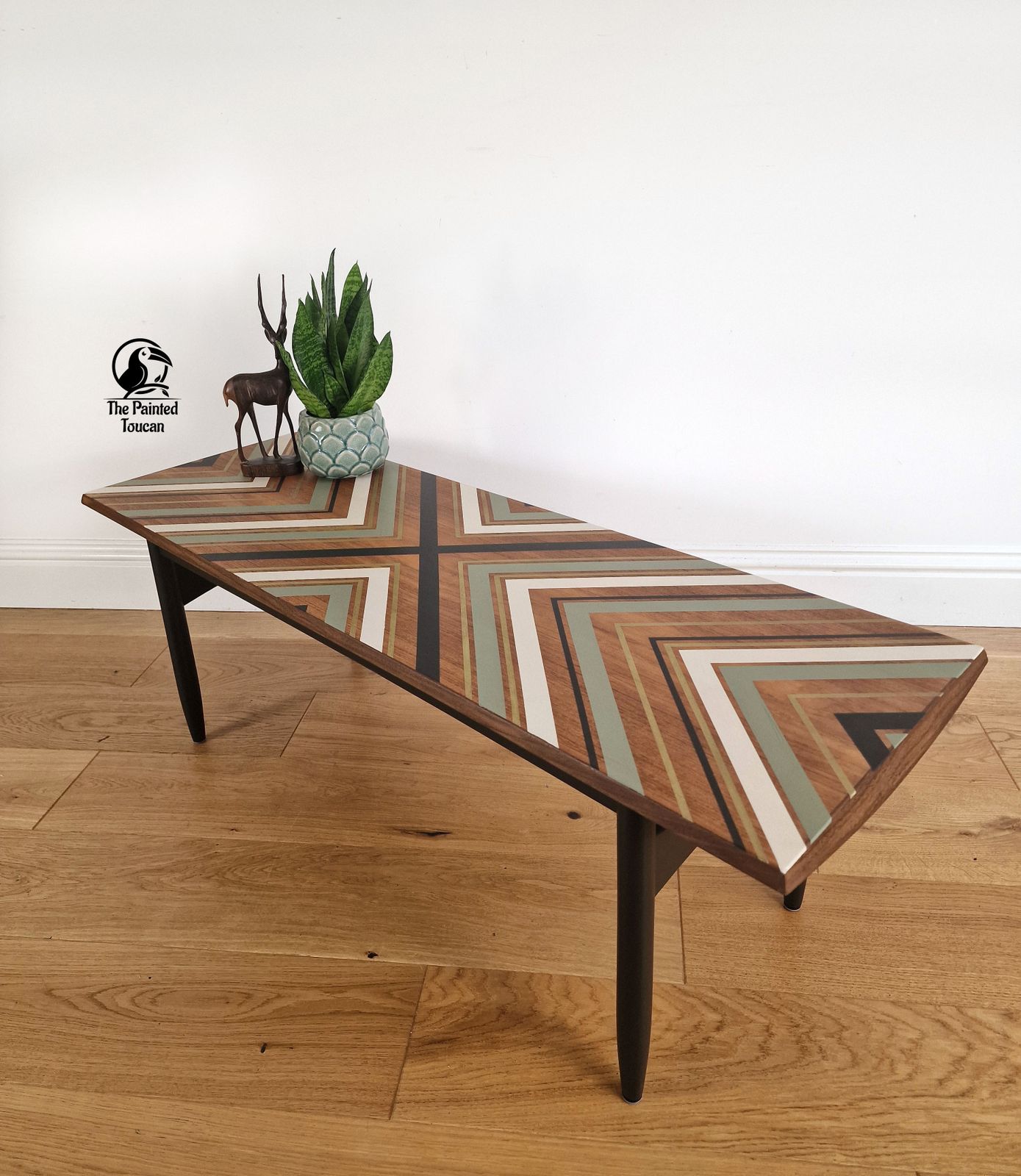 Large Mid Century Teak Surfboard Coffee Table Customised With Tape Design photo for sale