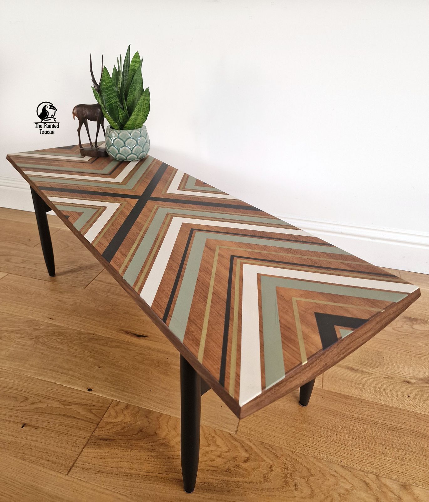 Large Mid Century Teak Surfboard Coffee Table Customised With Tape Design photo 570.0