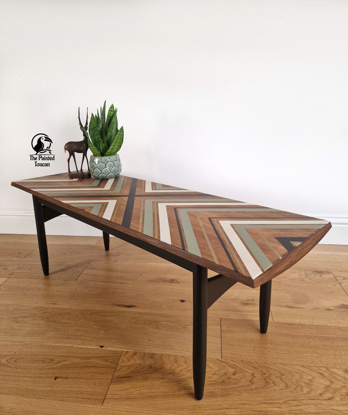 Large Mid Century Teak Surfboard Coffee Table Customised With Tape Design