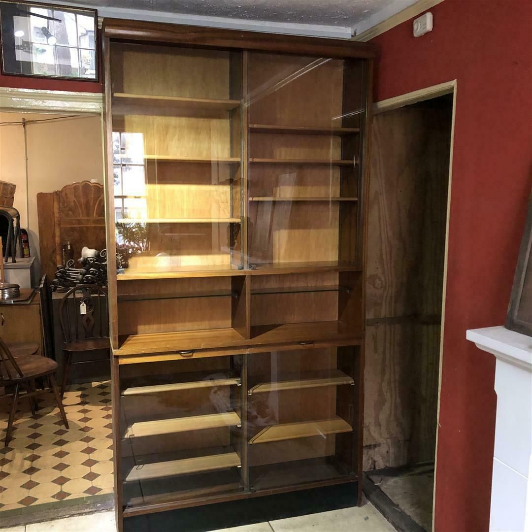 Mid Century Teak Office Shelving System With Sliding Glass Doors 1950s photo vintage