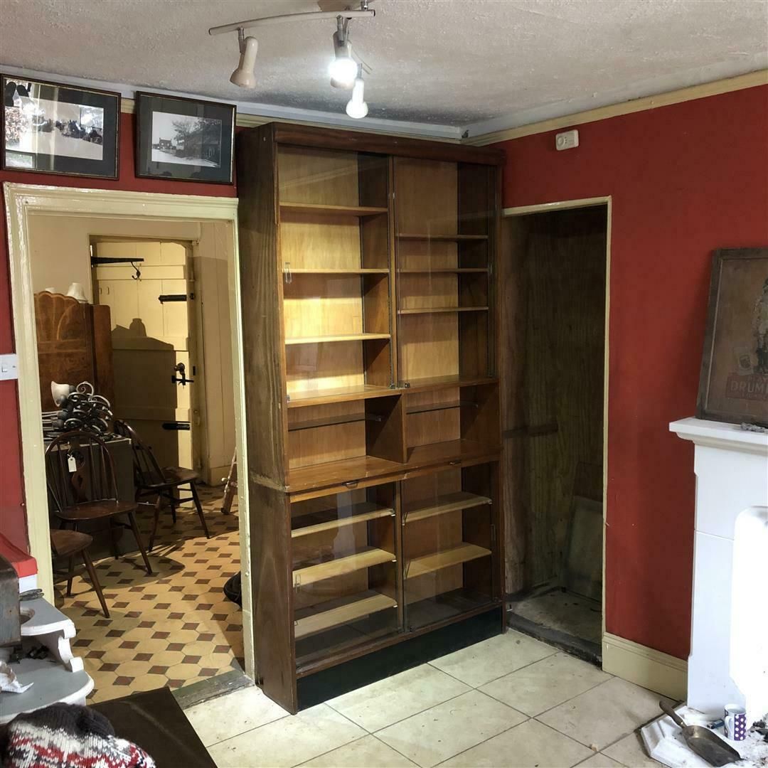 photo for sale Mid Century Teak Office Shelving System With Sliding Glass Doors 1950s