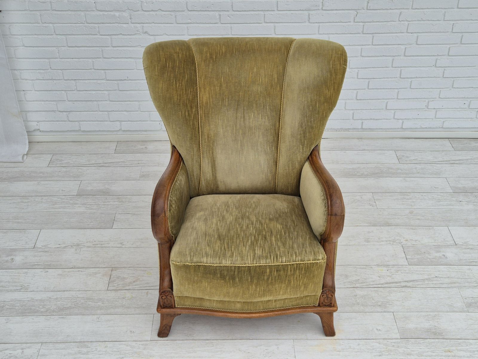 1960s, Danish Armchair In Original Very Good Condition, Furniture Velour, Oak Wood. photo buy