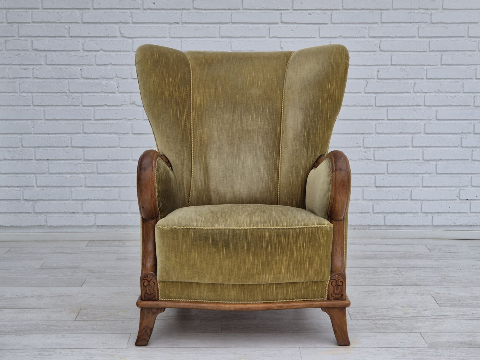 1960s, Danish Armchair In Original Very Good Condition, Furniture Velour, Oak Wood. photo vintage