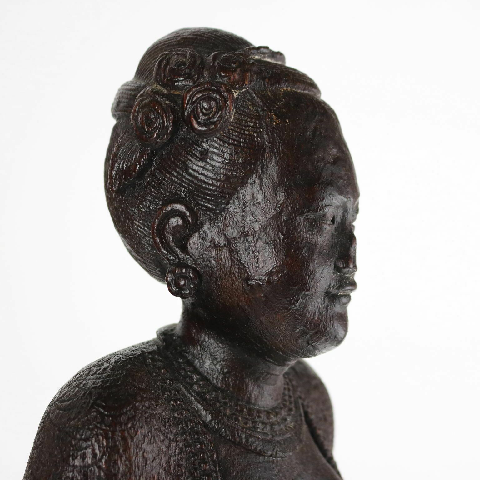 Pair Of Antique Figurines Solid Wood Burma Early XX Century photo vinterior