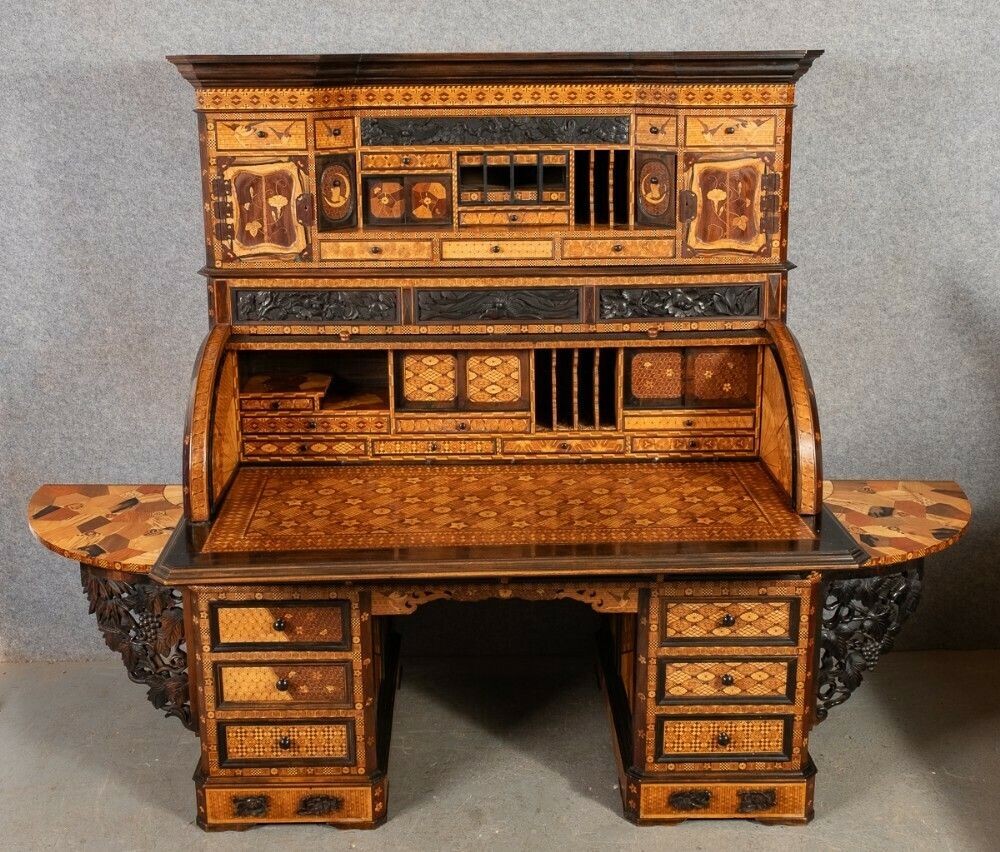 Exhibition Quality Japanese Yosegi Cylinder Desk photo furniture