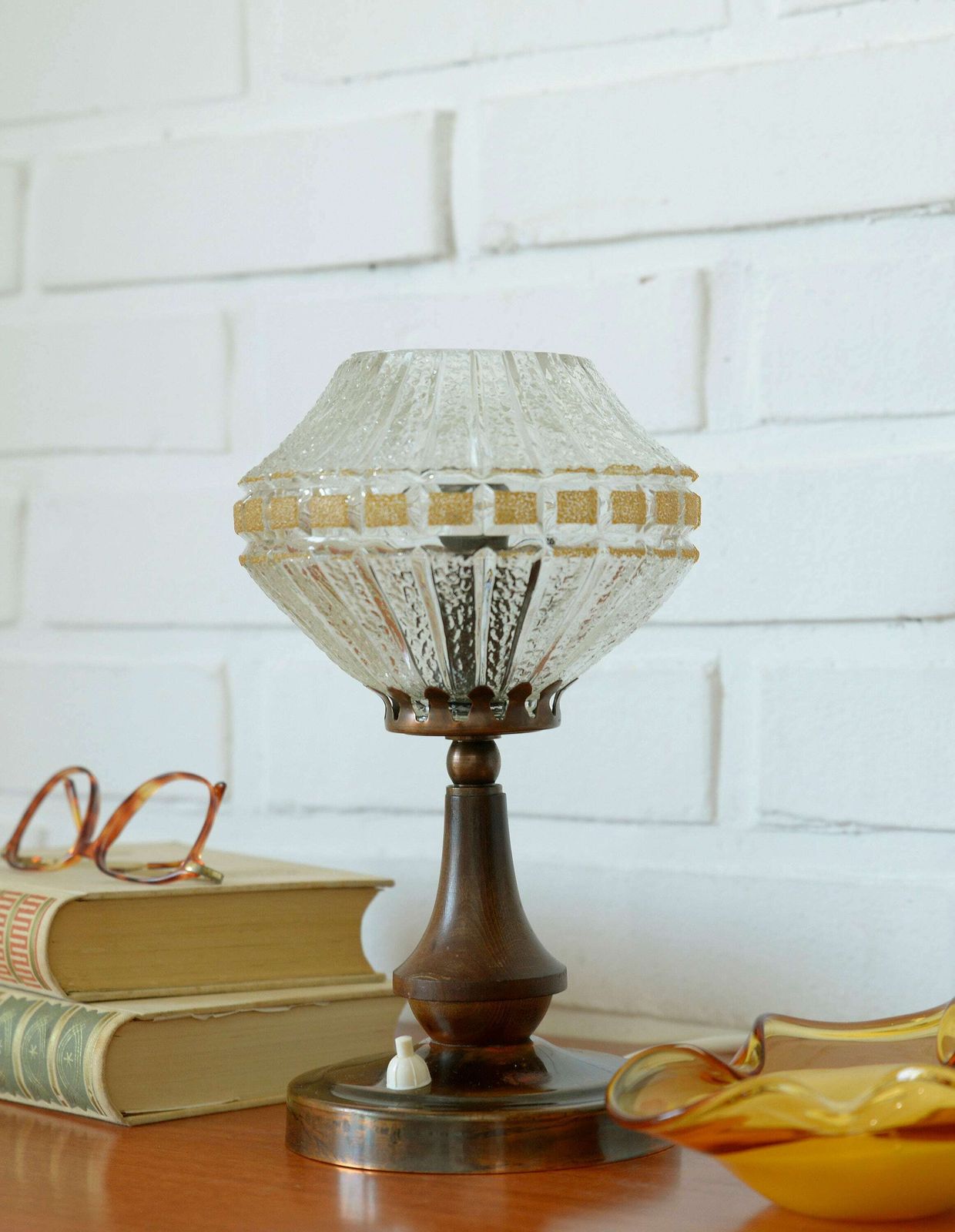 Vintage Bedside Lamp / Wood And Copper / Crystal Glass / Rustic Table Lamp / Desk Light / Yugoslavia 1970's / Light Fixture photo Lighting
