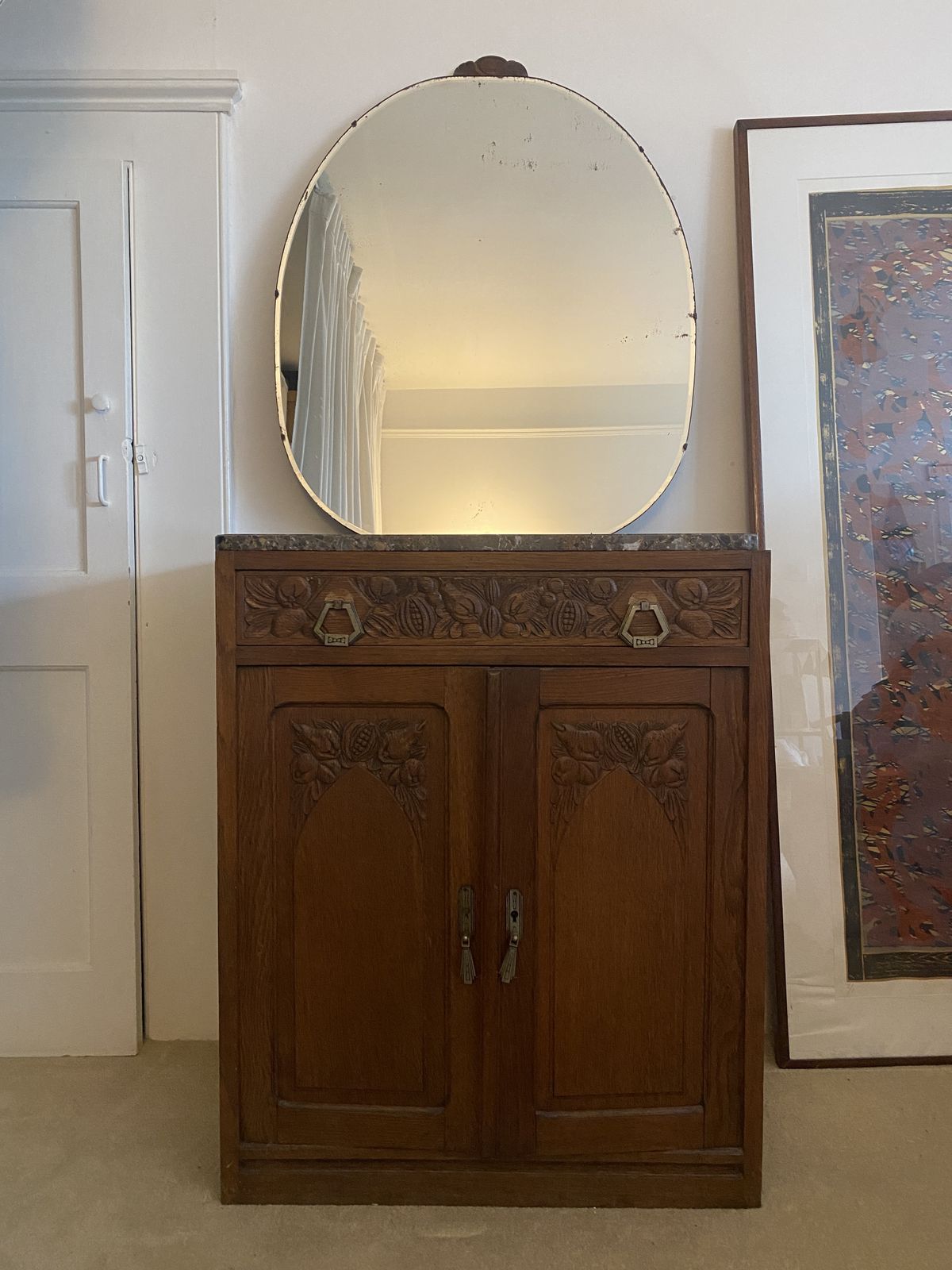 Carved Wooden Cabinet With Marble Top