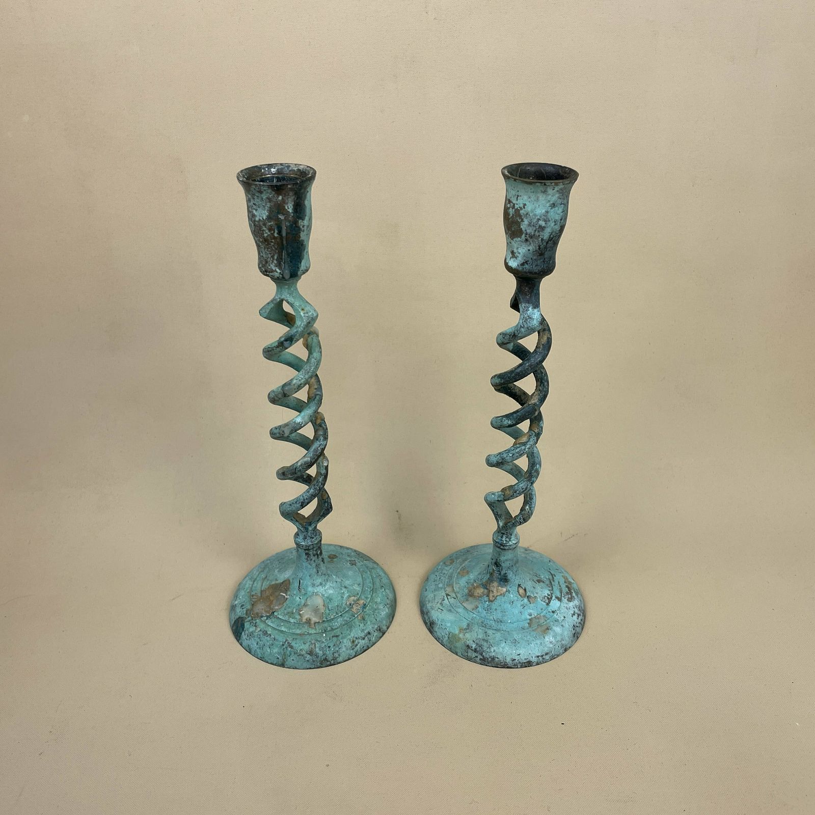 Antique Matching Pair Of Blue Aged Patina Gold Brass Metal Candlestick Candle Stick Vintage Column Taper Dinner Candlesticks Twisted Twist