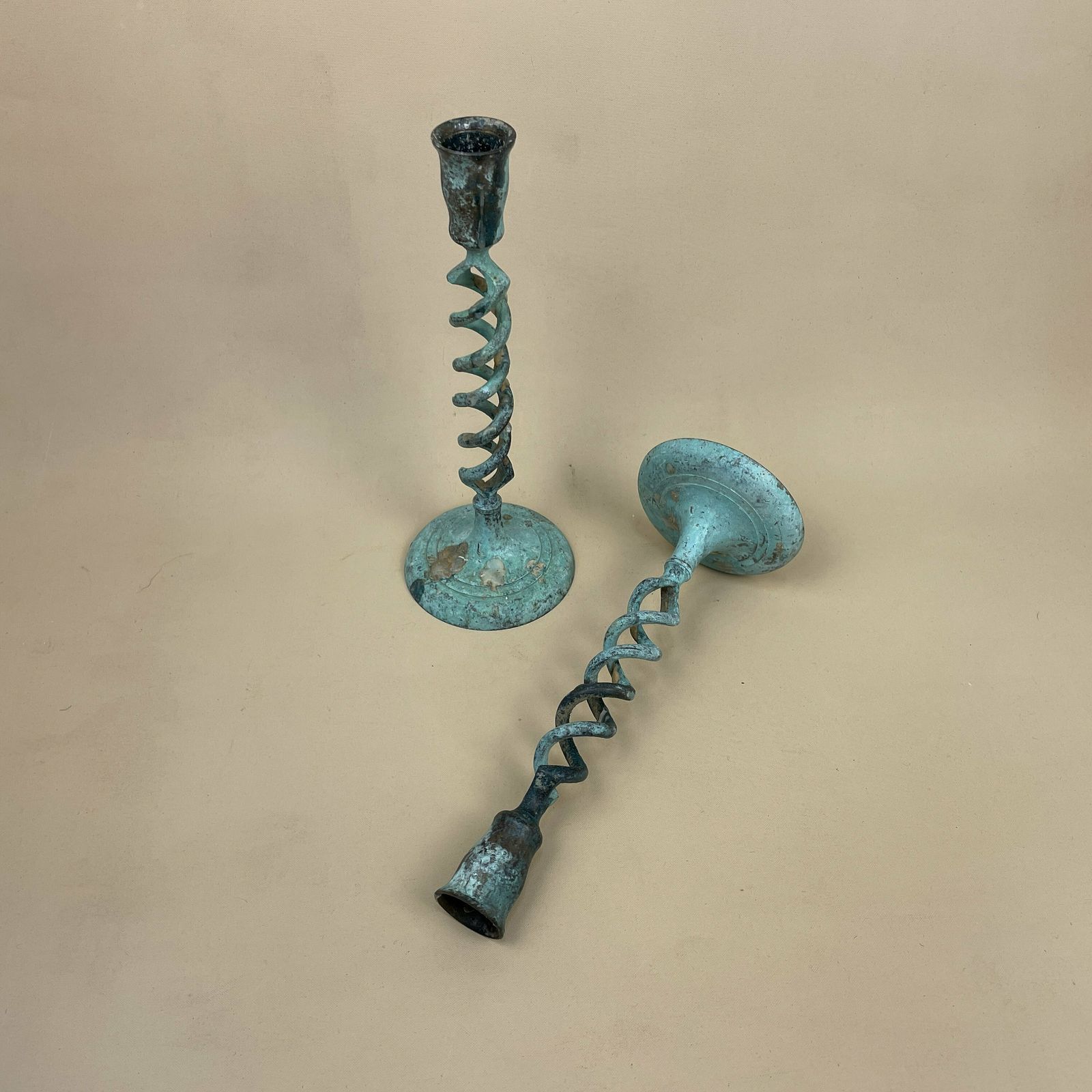 Antique Matching Pair Of Blue Aged Patina Gold Brass Metal Candlestick Candle Stick Vintage Column Taper Dinner Candlesticks Twisted Twist photo furniture