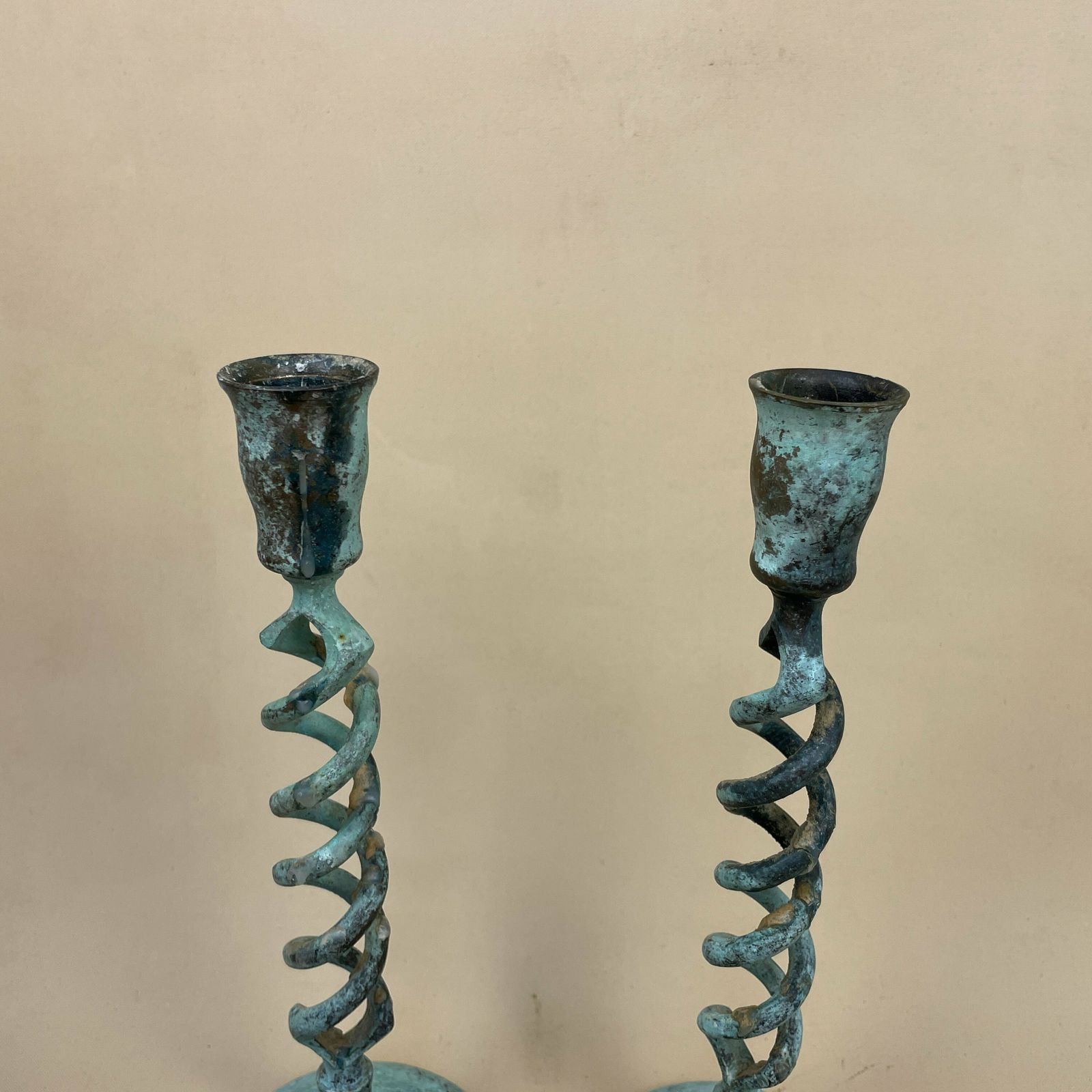 Antique Matching Pair Of Blue Aged Patina Gold Brass Metal Candlestick Candle Stick Vintage Column Taper Dinner Candlesticks Twisted Twist photo for sale
