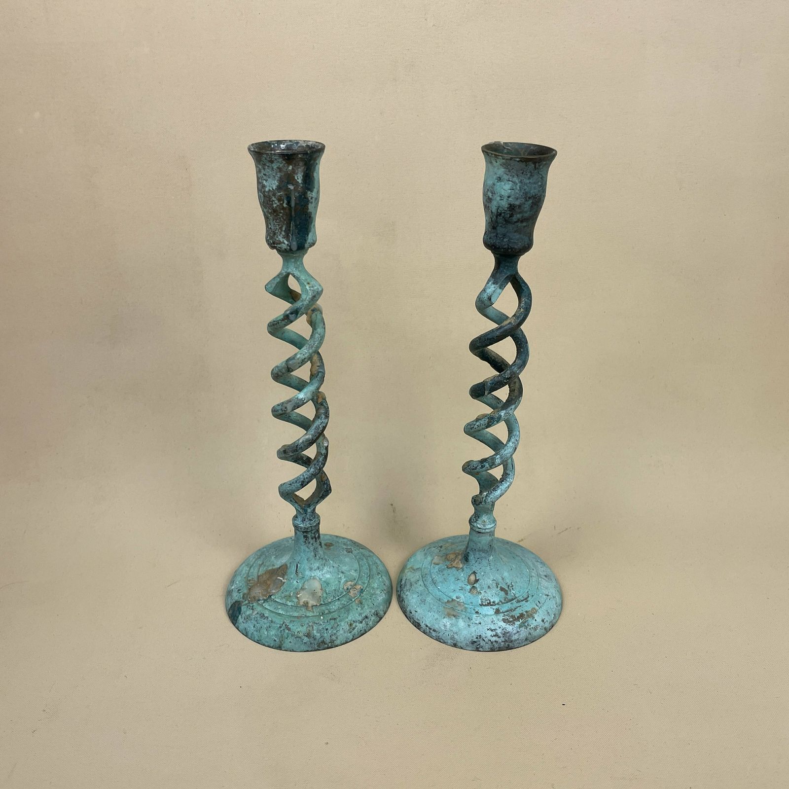 Antique Matching Pair Of Blue Aged Patina Gold Brass Metal Candlestick Candle Stick Vintage Column Taper Dinner Candlesticks Twisted Twist photo vinterior