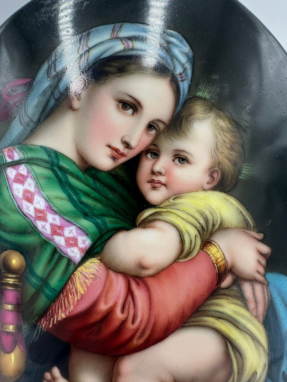 Spectacular 19th Century Porcelain Oval Plaque Of The Virgin Mary, Madonna Della Sedia After Raphael, Portrait Of Our Mother Mary Wall Art photo furniture