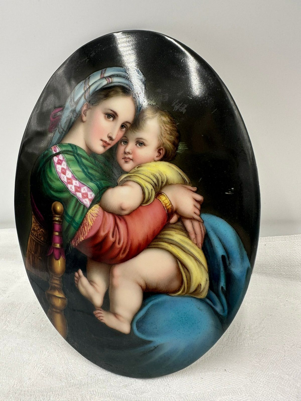 Spectacular 19th Century Porcelain Oval Plaque Of The Virgin Mary, Madonna Della Sedia After Raphael, Portrait Of Our Mother Mary Wall Art photo 259.0