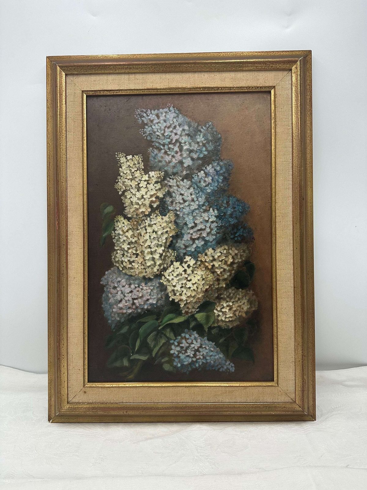 Oil Painting Bunch Of Lilac, Original Art Floral Still Life, French Antique Gilt Frame photo furniture