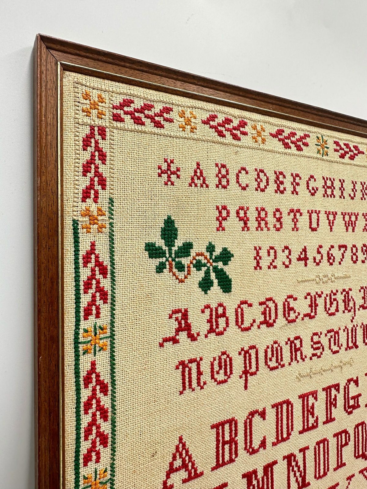 Antique Handmade Embroidery Cross Stitch Alphabet Sampler, French Framed Needlework With Alphabet photo buy