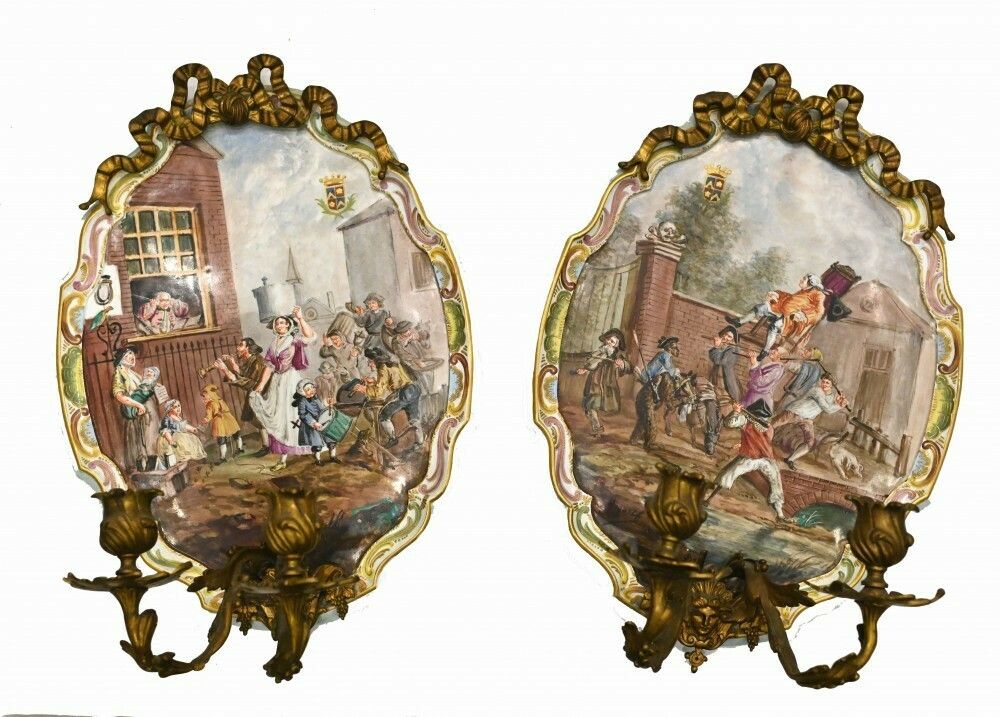 Pair Lille Porcelain Candelabra Plates Girandole Painted