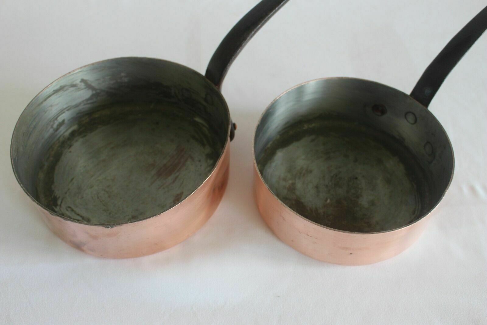 French Vintage Pair Of Professional Rare Find Copper Fry Pans Iron Handle Paris photo vintage