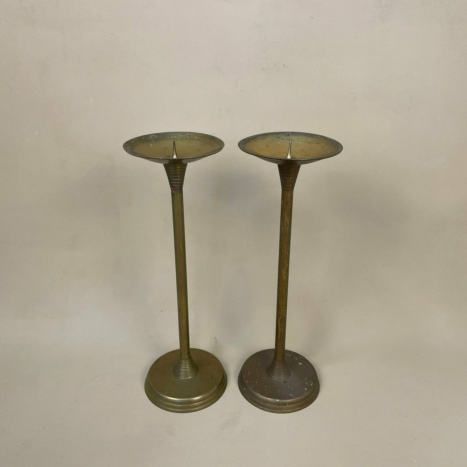 Antique Matching Pair Of Gold Brass Metal Candlestick Candle Stick Vintage Column Taper Dinner Candlesticks Pointed Thin Round Base