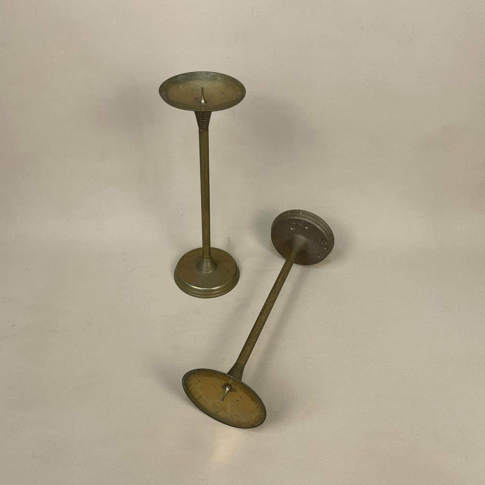 Antique Matching Pair Of Gold Brass Metal Candlestick Candle Stick Vintage Column Taper Dinner Candlesticks Pointed Thin Round Base photo furniture