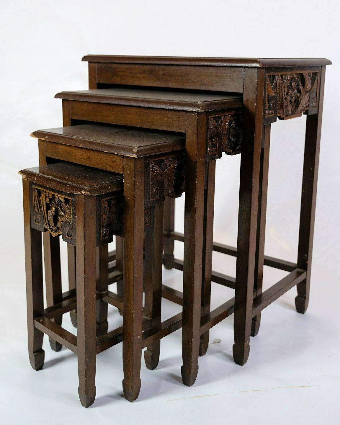 4 Antique Side Tables/Side Tables In Chinese Style Made In Mahogany  & Decorated With Various Motifs From 1930s photo Furniture