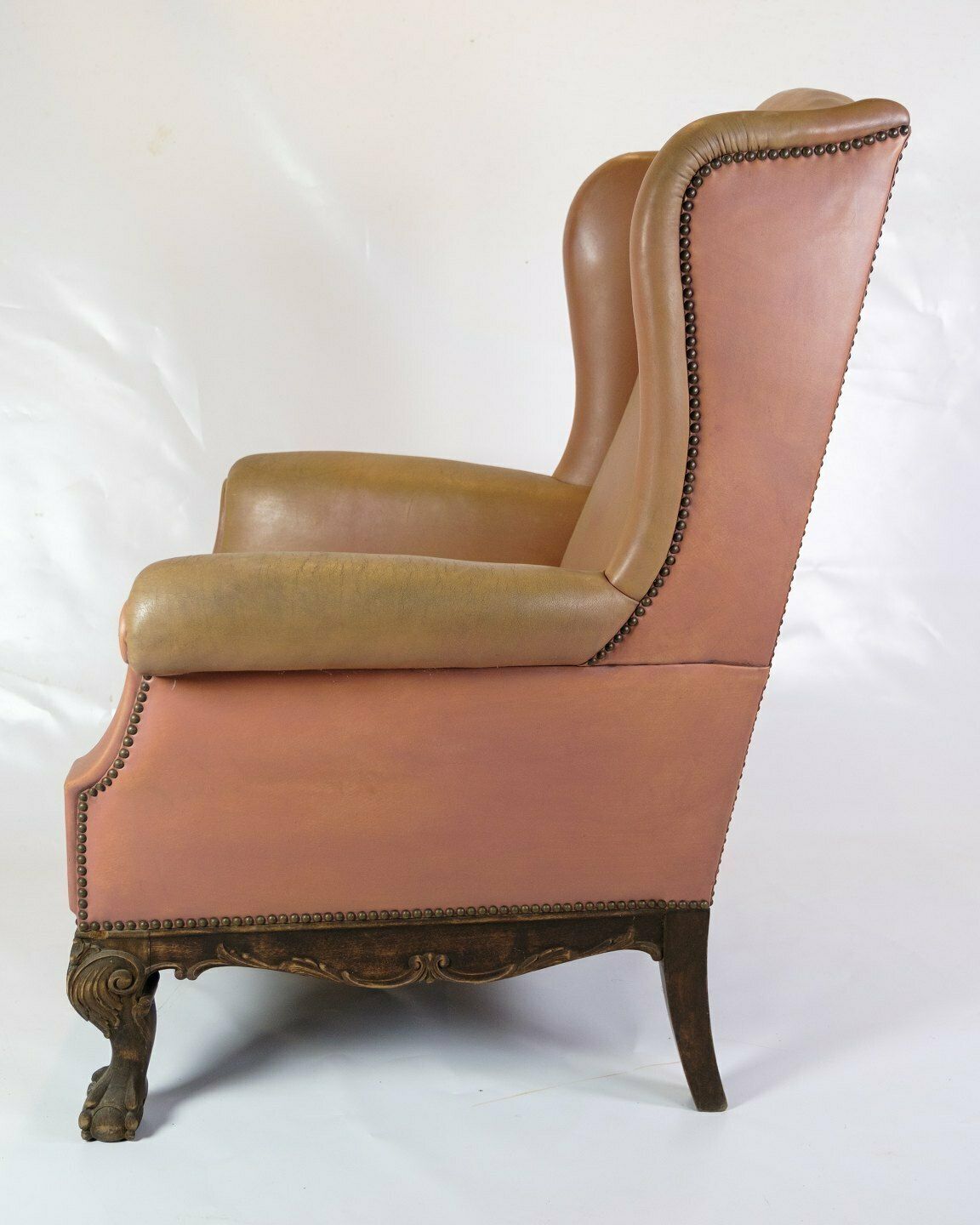 Antique High Ear Flap Chair  In Brown Studded Leather From 1920s photo vintage
