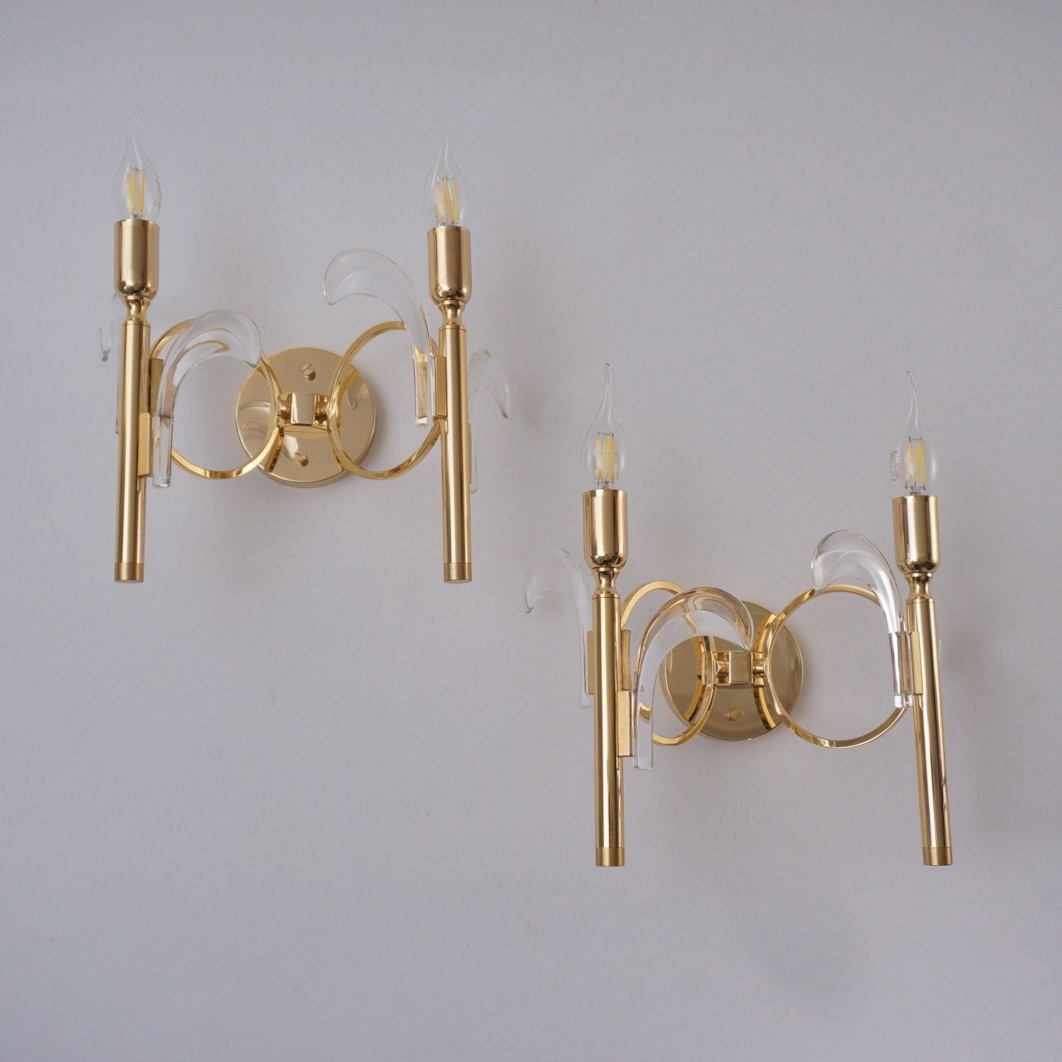 Pair Vintage Palm Tree Brass Wall Lights Sconces, Gaetano Sciolari Style, Crystal On Gold Plated Gilt Frames, 1970`s Ca, Italian, Rewired photo furniture