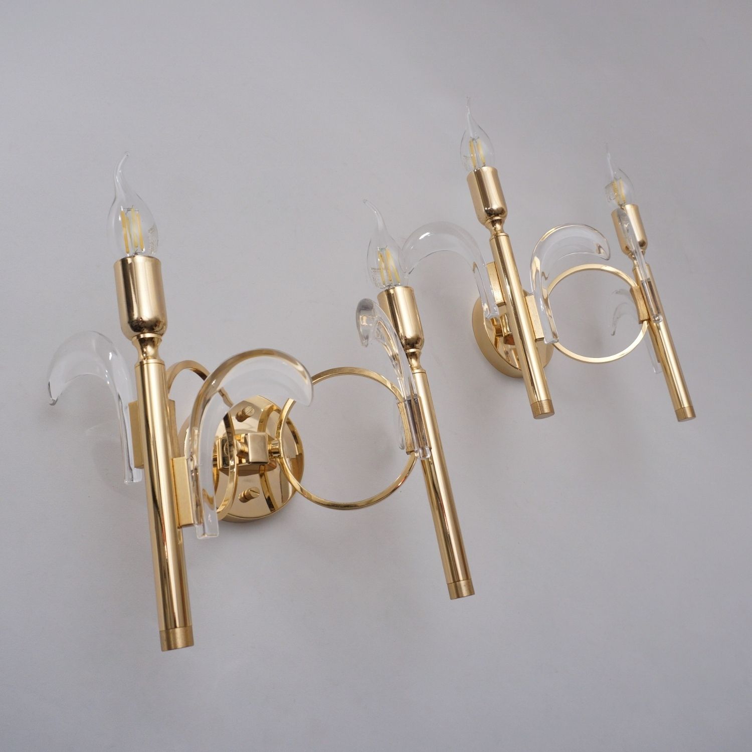 Pair Vintage Palm Tree Brass Wall Lights Sconces, Gaetano Sciolari Style, Crystal On Gold Plated Gilt Frames, 1970`s Ca, Italian, Rewired photo vintage