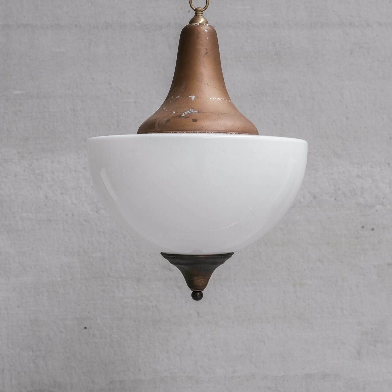Large Mid Century Metal And Opaline Glass French Pendant Light photo vintage