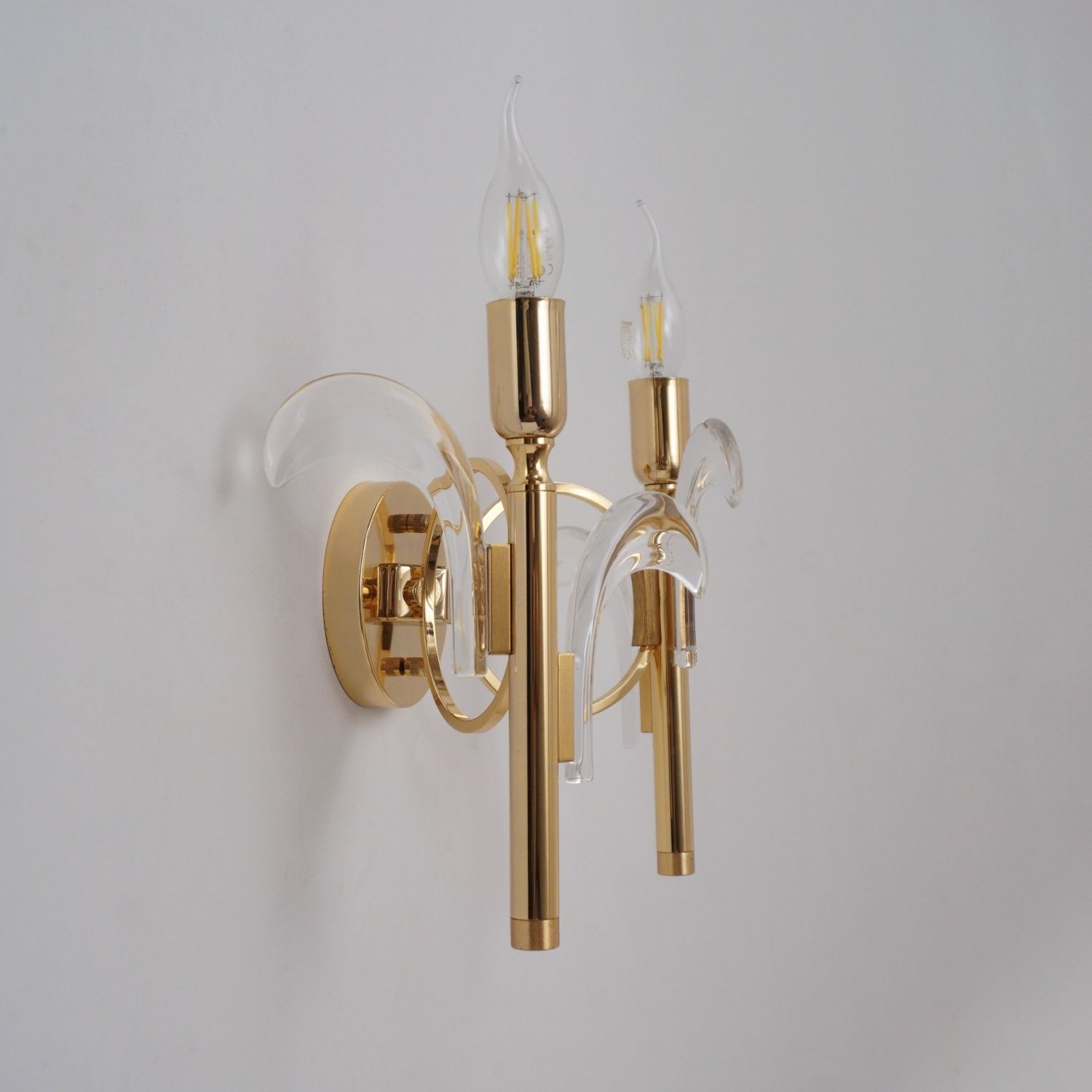 690.0 Pair Vintage Palm Tree Brass Wall Lights Sconces, Gaetano Sciolari Style, Crystal On Gold Plated Gilt Frames, 1970`s Ca, Italian, Rewired photo