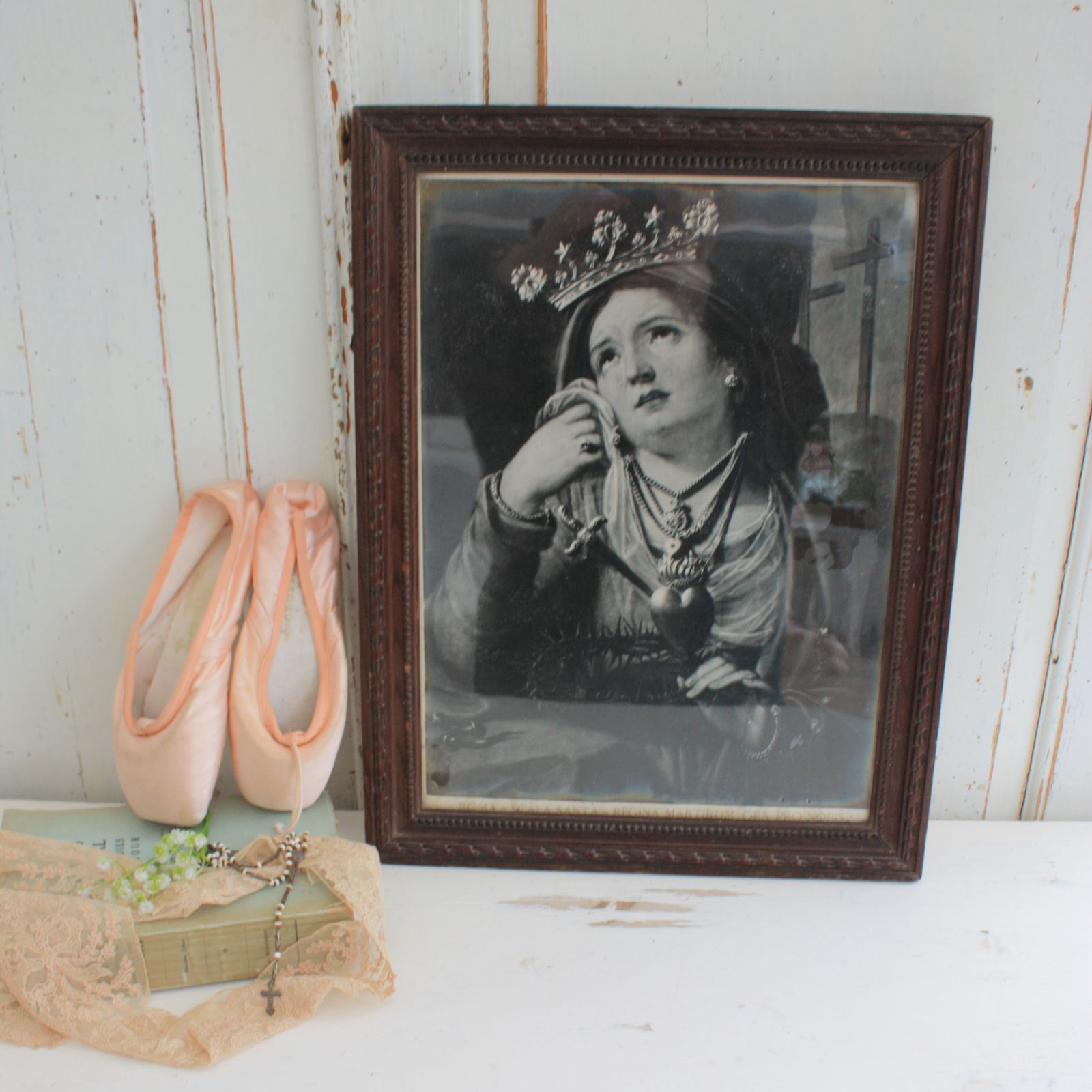 French Antique Wooden Framed Black And White Religious Print photo for sale
