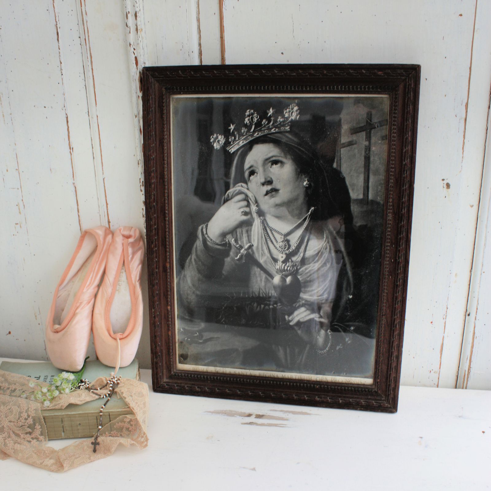 French Antique Wooden Framed Black And White Religious Print