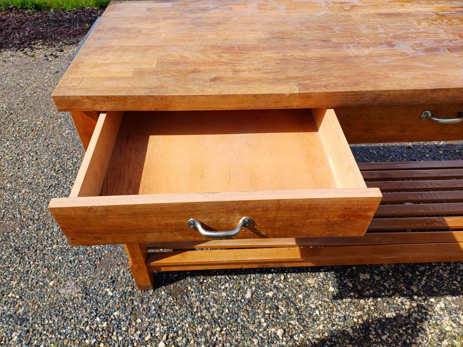 photo furniture Wooden Drapery Table, 3 Drawers.