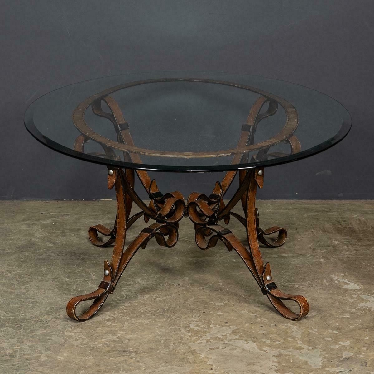 Cold Painted Wrought Iron Strap & Stitch, Glass Top Coffee Table C.1980 photo for sale