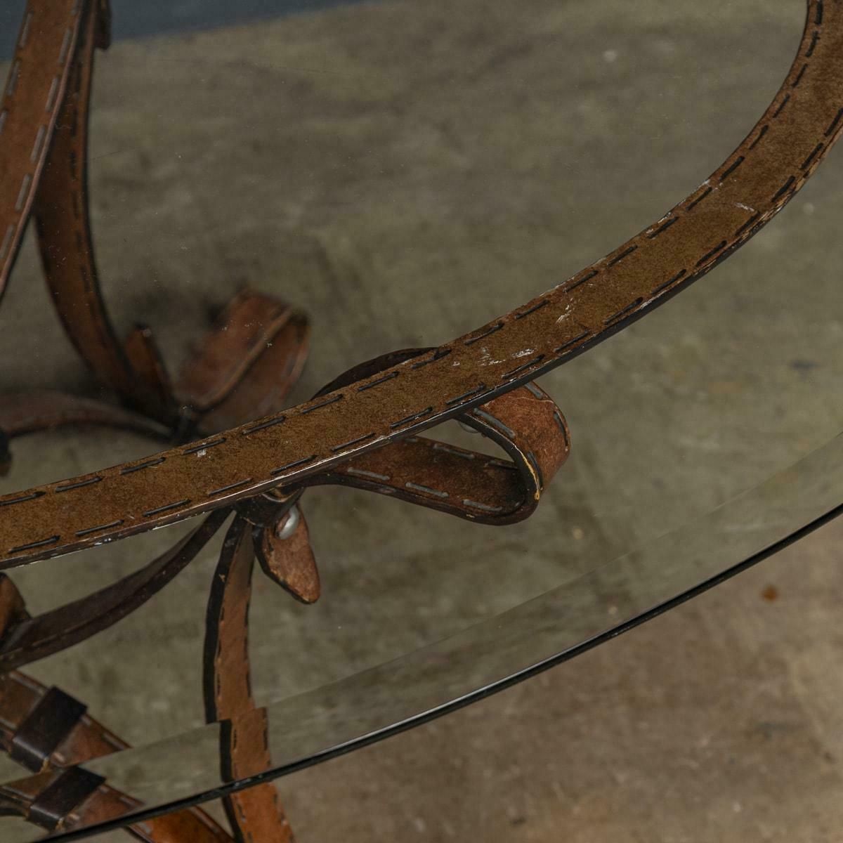 Cold Painted Wrought Iron Strap & Stitch, Glass Top Coffee Table C.1980 photo vinterior