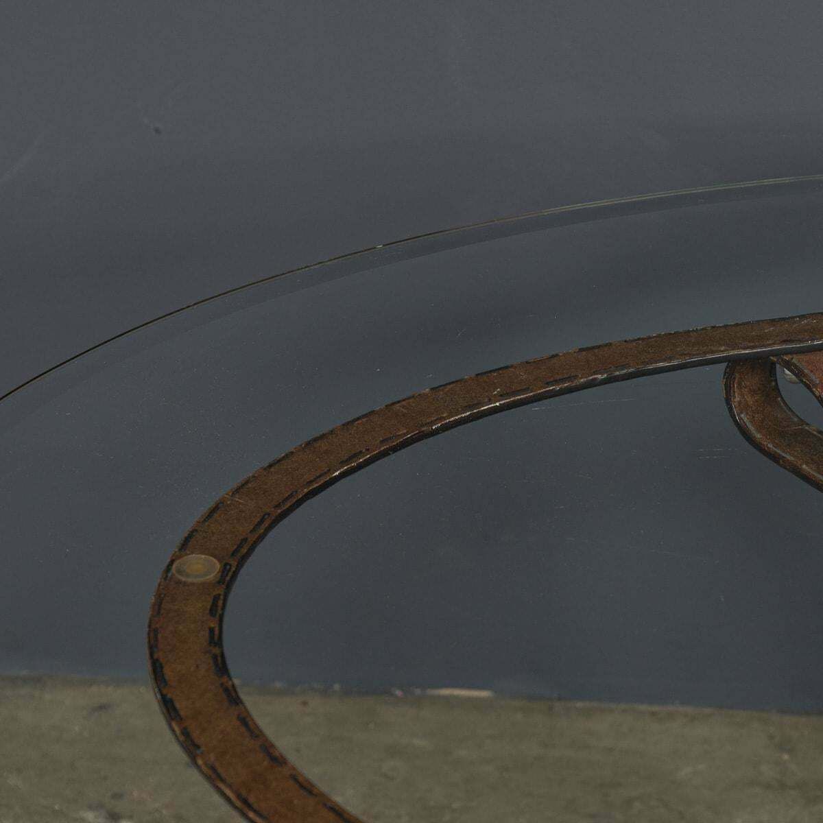 Cold Painted Wrought Iron Strap & Stitch, Glass Top Coffee Table C.1980 photo vintage