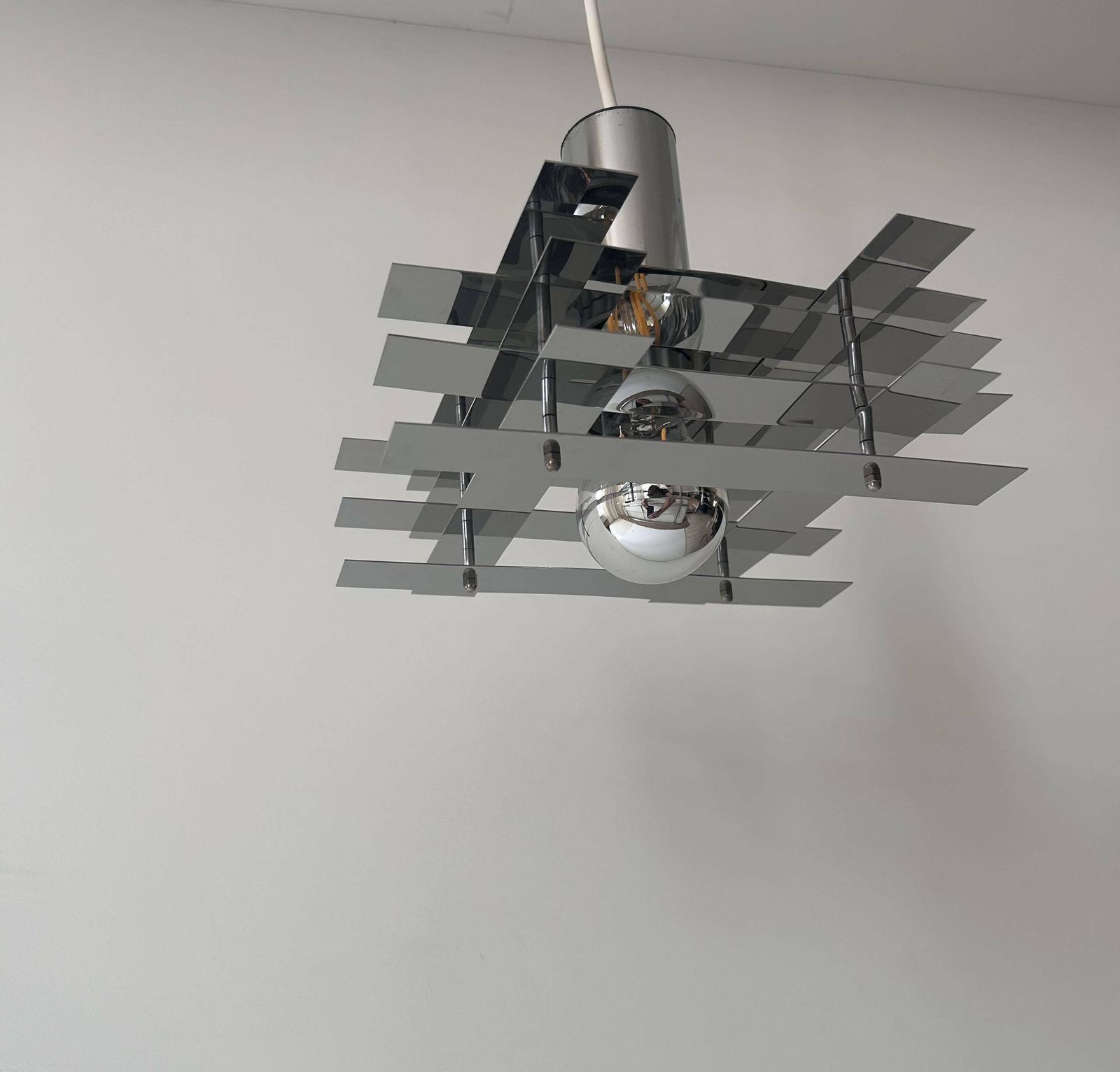 Vintage Geometric Pendant Light, Chrome Metal, France 1960s photo buy