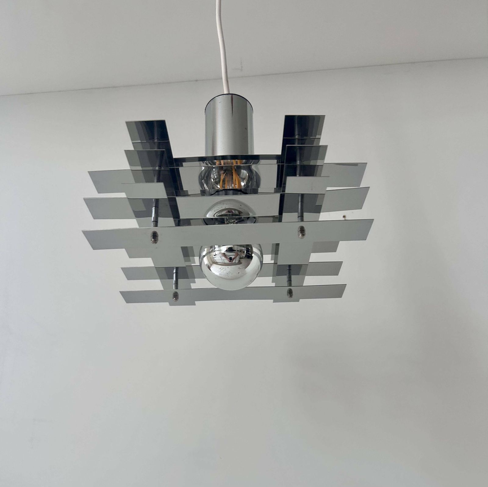 Lighting Vintage Geometric Pendant Light, Chrome Metal, France 1960s photo