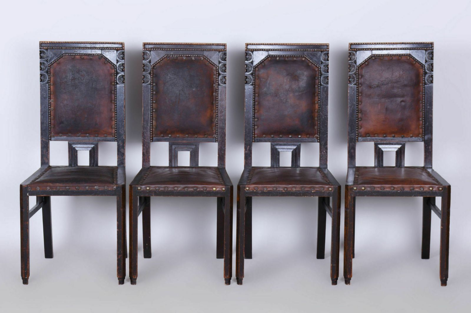 Set Of Four Cubist Chairs, By Josef Gočár, Solid Oak, Red Leather, Czech, 1910s