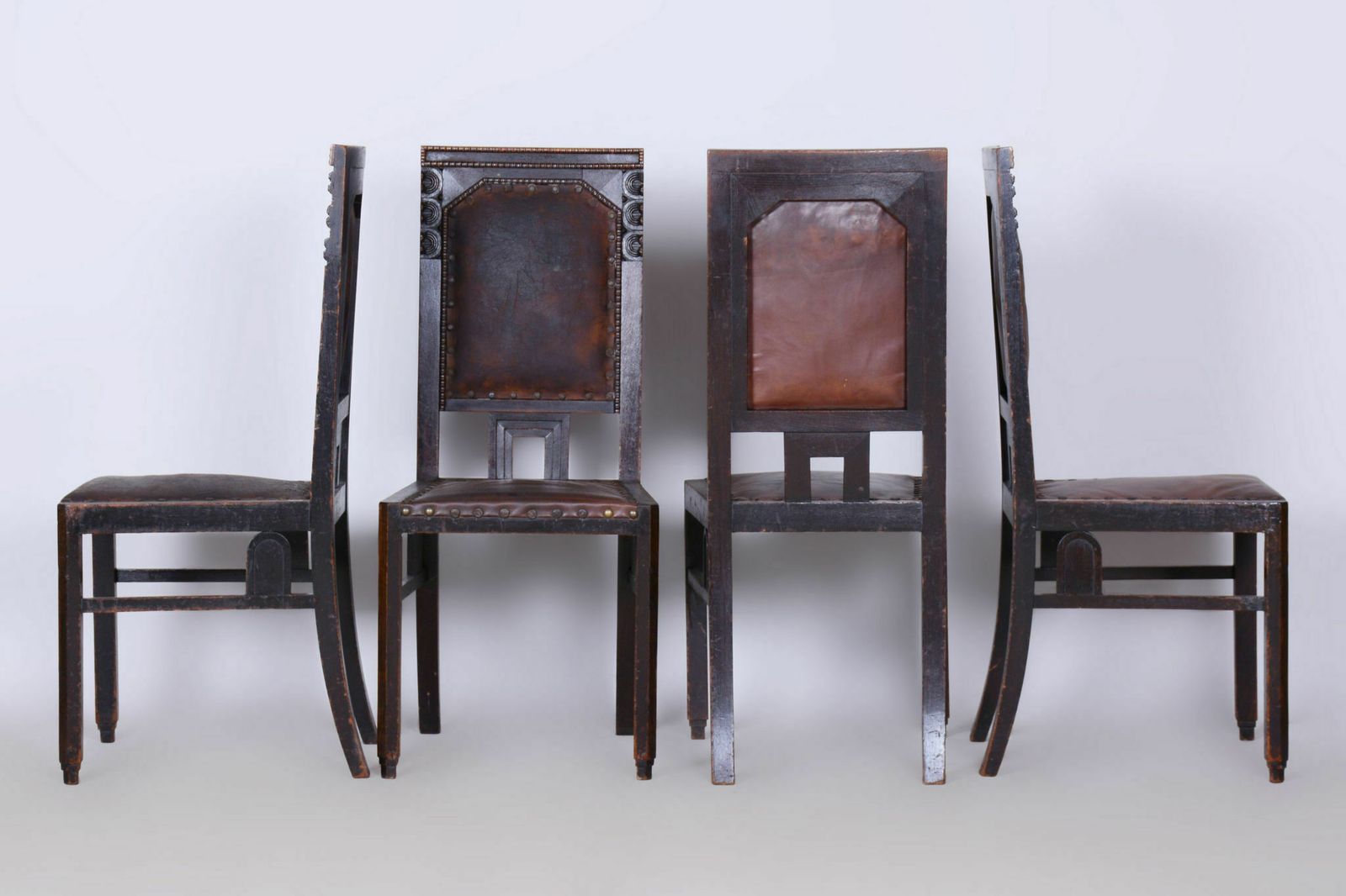 Set Of Four Cubist Chairs, By Josef Gočár, Solid Oak, Red Leather, Czech, 1910s photo Furniture